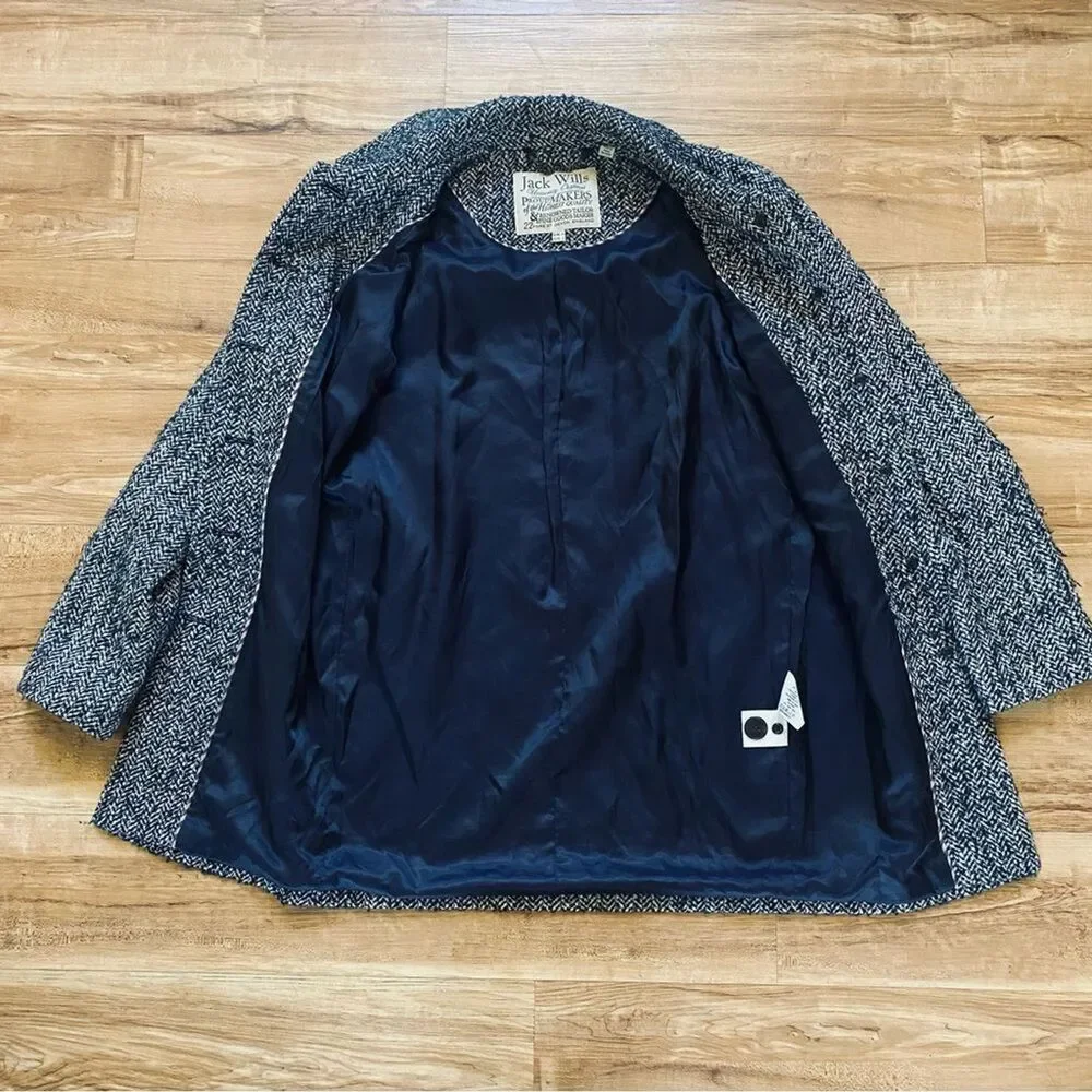 JACK WILLS 2 Womens Navy Blue Fuzzy Wool Tweed Herringbone Pea Coat Academia